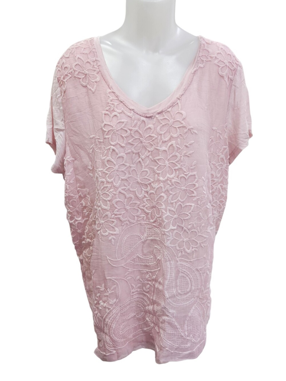 Curations Pink Floral Applique Embroidered Sheer Overlay Stretchy Top Sz XL